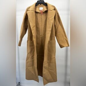 Women's Camel Trench Coat Open-Front Long Jacket Pockets Collar Polyester